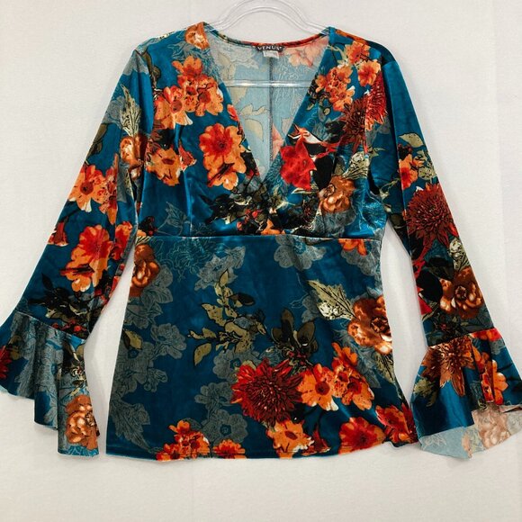 Venus Large Blue Red Floral V Neck Flare Sleeve Velvet Babydoll Stretch Top - Picture 1 of 10